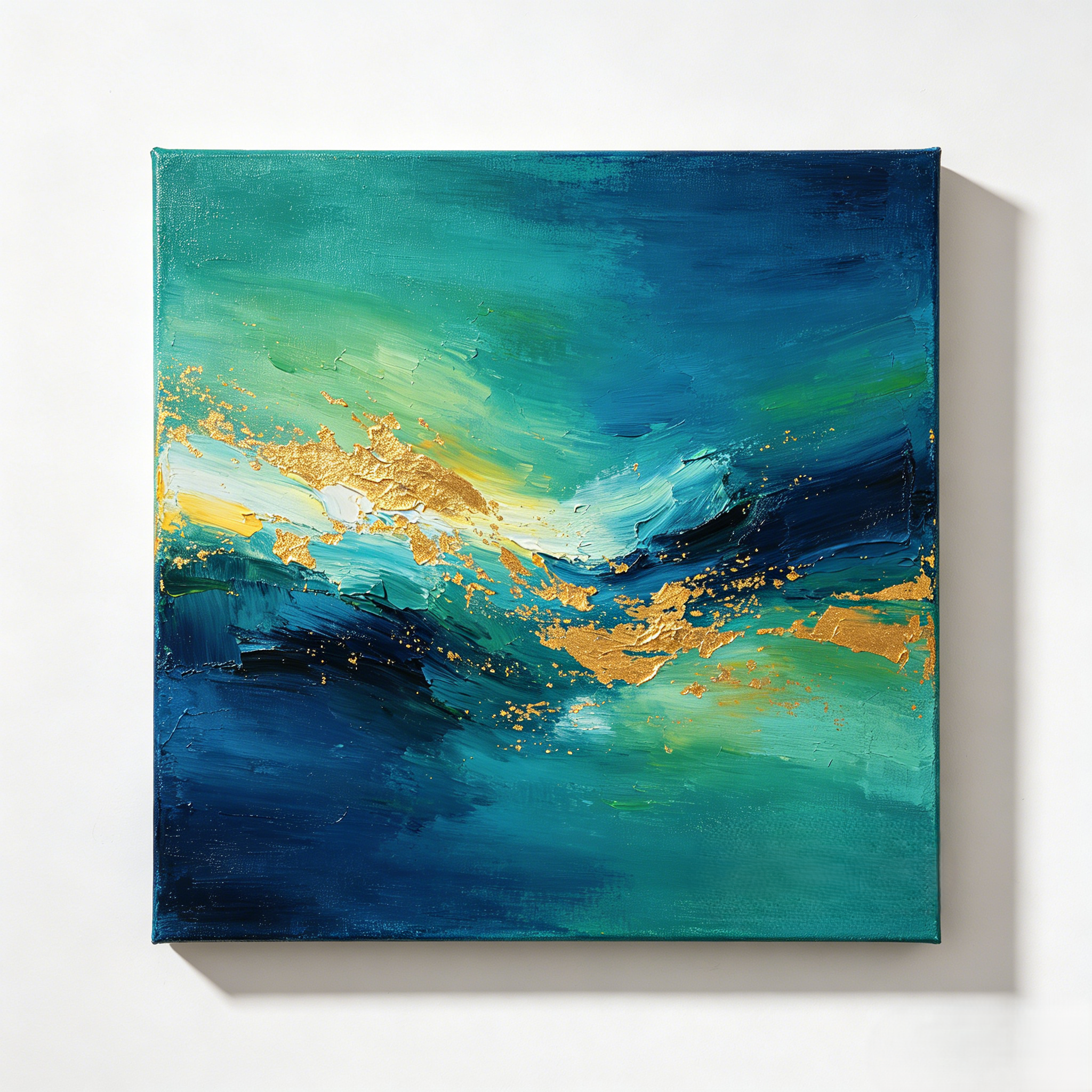 Teal Blue Gold Foil Thick Impasto Abstract Frameless Canvas Wall Art