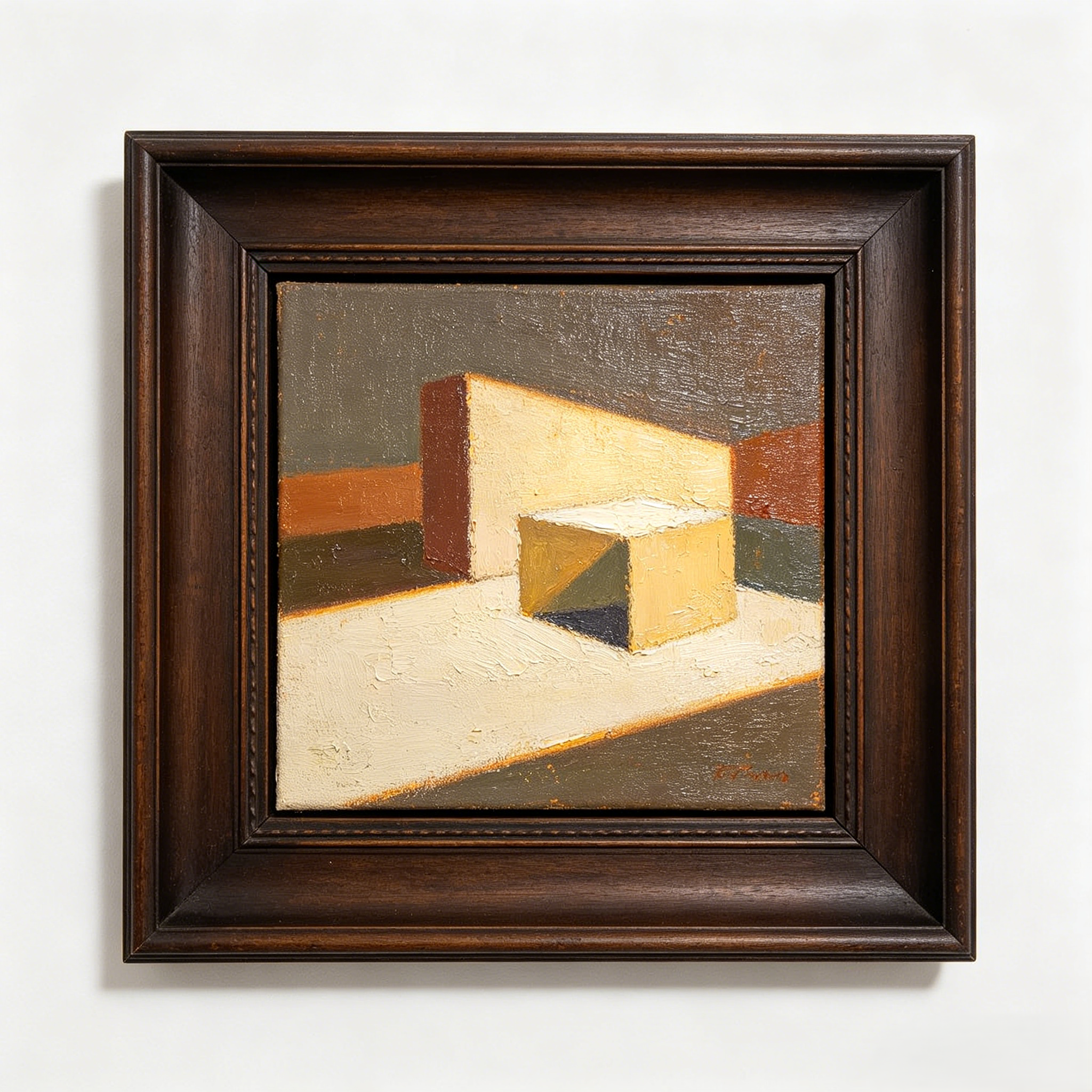 Vintage Geometric Cube Impasto Oil Painting with Dark Solid Wood Frame