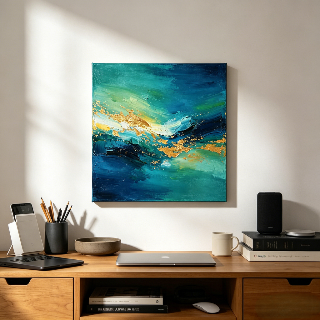 Teal Blue Gold Foil Thick Impasto Abstract Frameless Canvas Wall Art