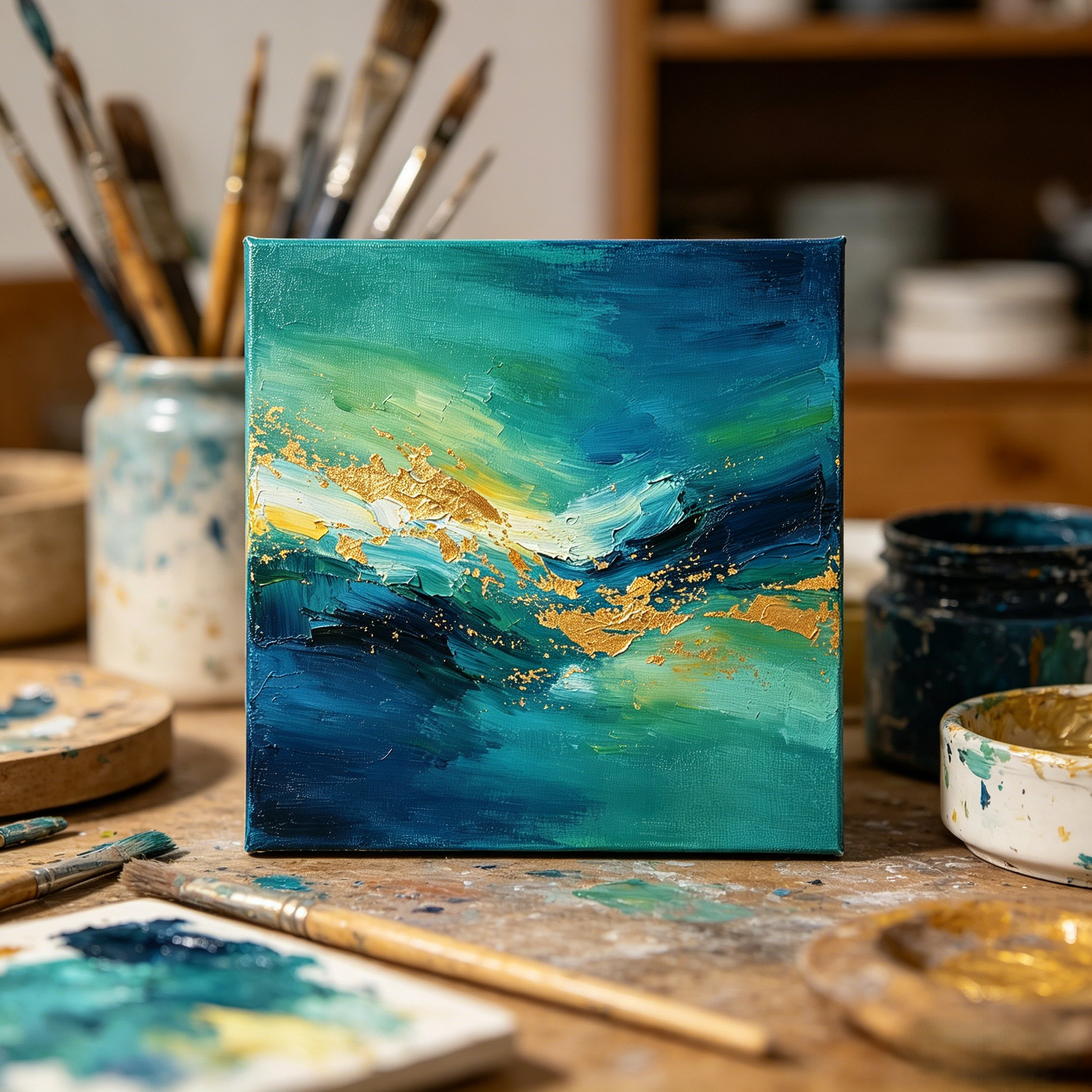 Teal Blue Gold Foil Thick Impasto Abstract Frameless Canvas Wall Art
