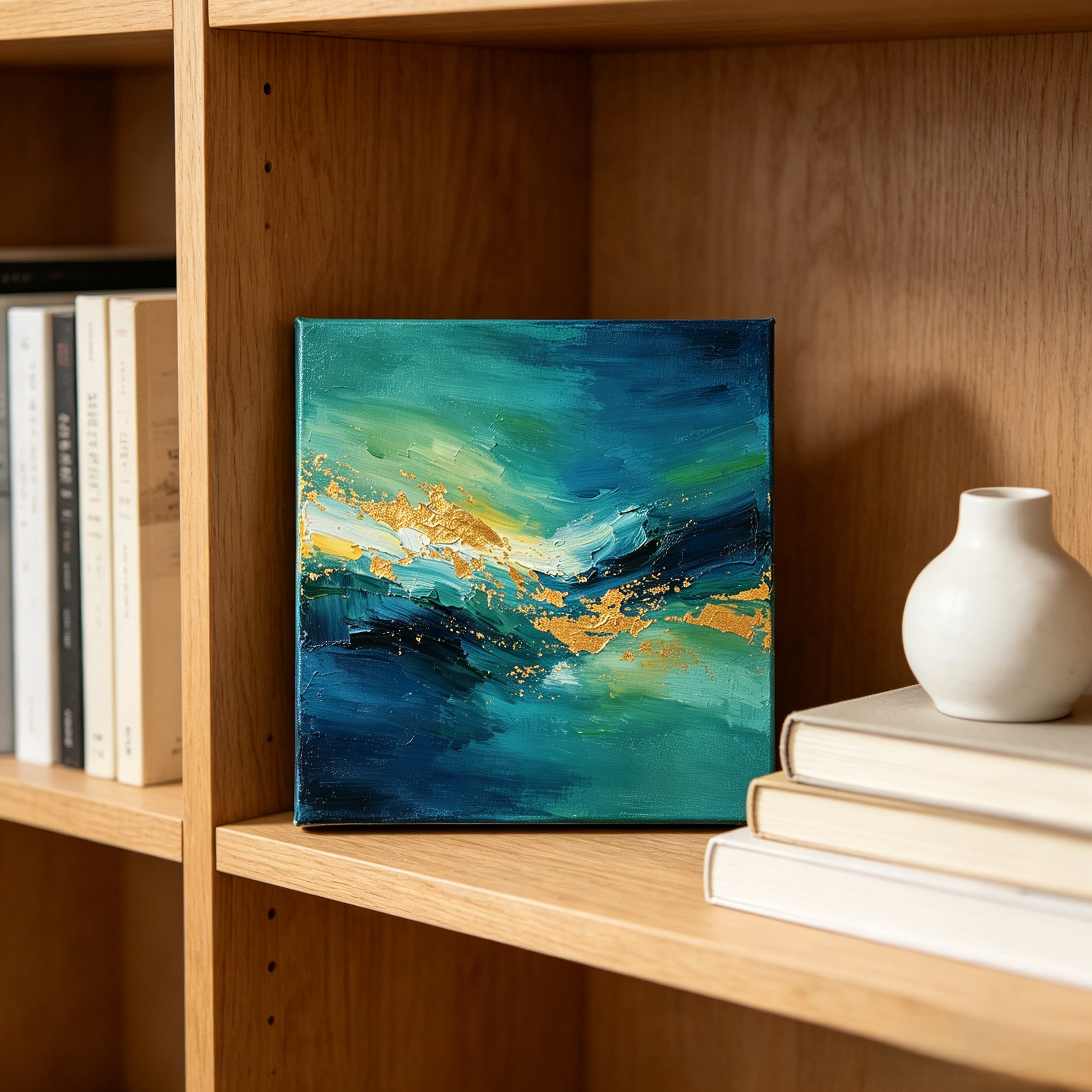 Teal Blue Gold Foil Thick Impasto Abstract Frameless Canvas Wall Art