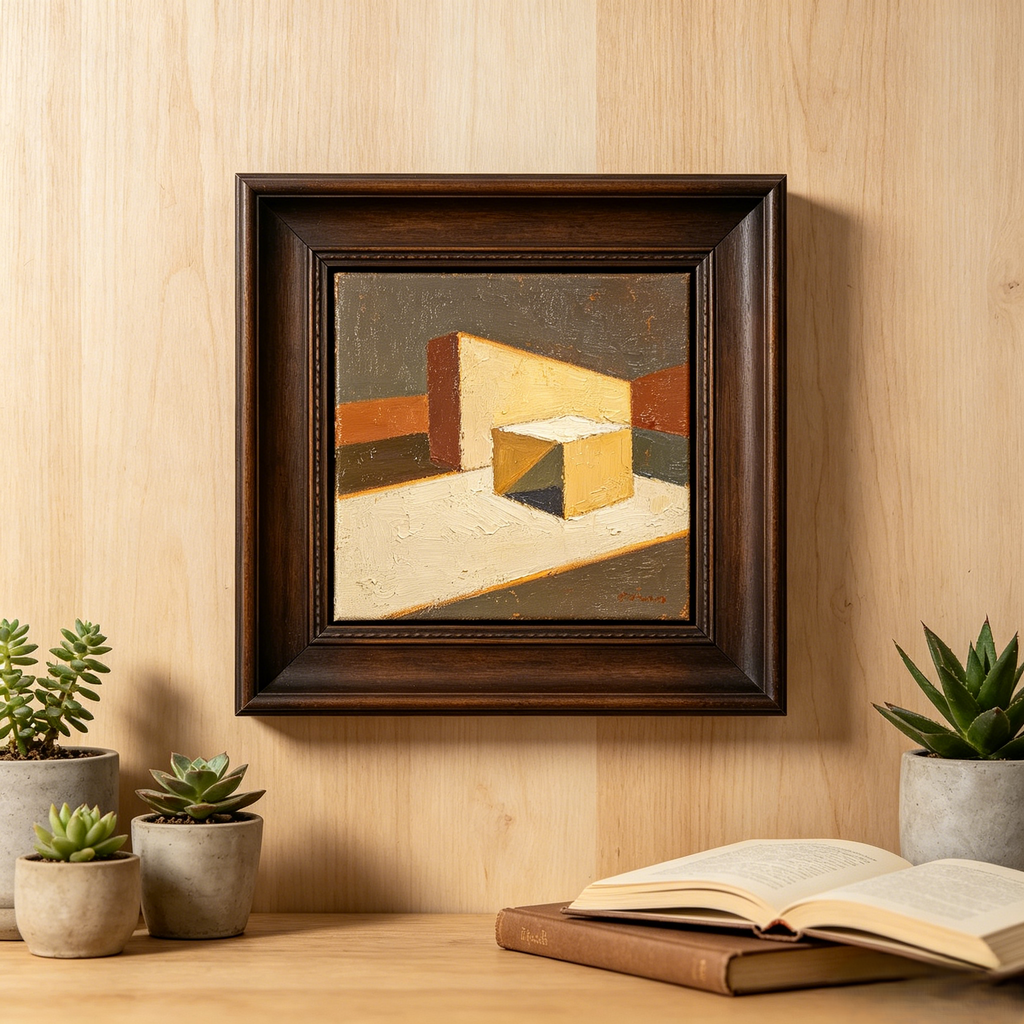 Vintage Geometric Cube Impasto Oil Painting with Dark Solid Wood Frame