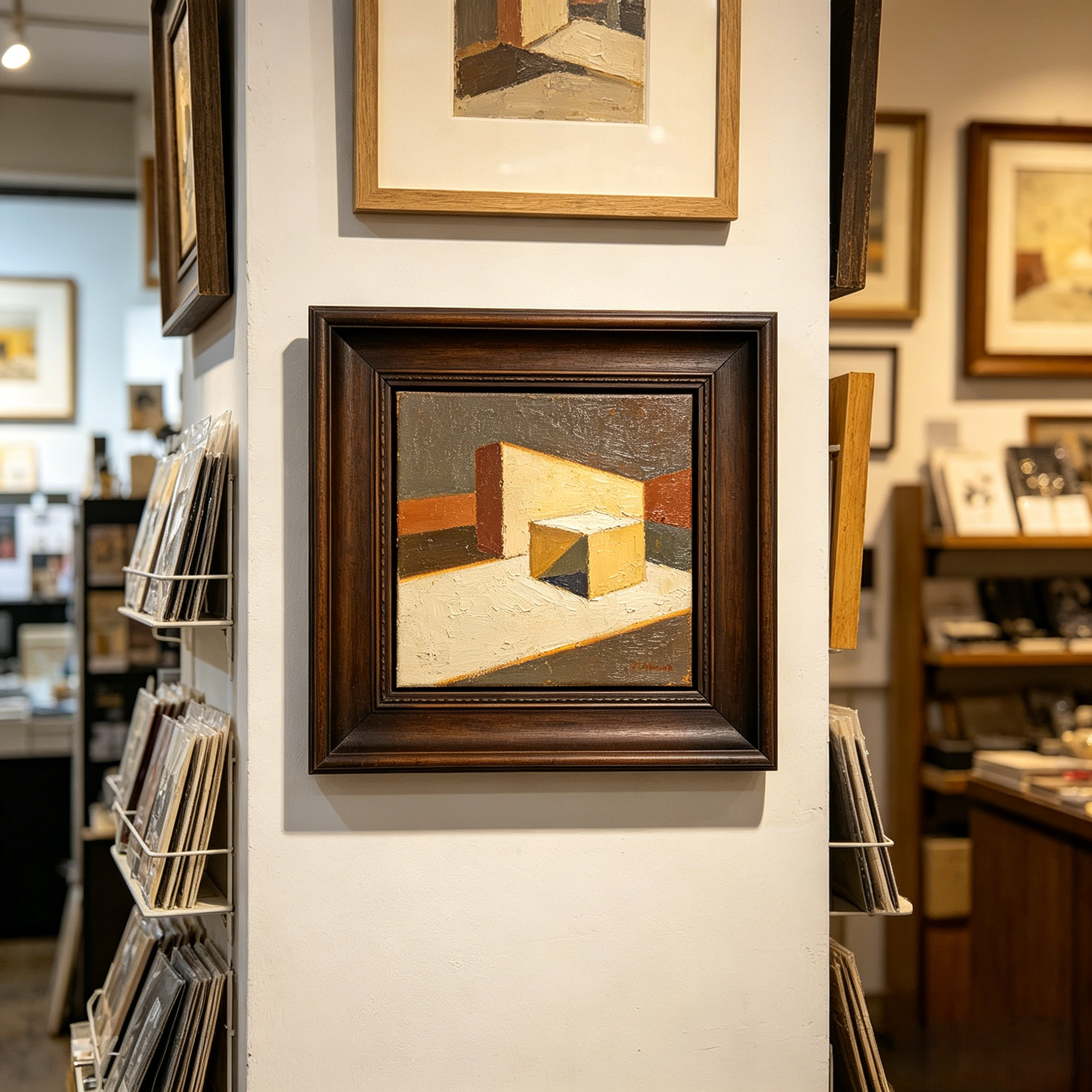 Vintage Geometric Cube Impasto Oil Painting with Dark Solid Wood Frame